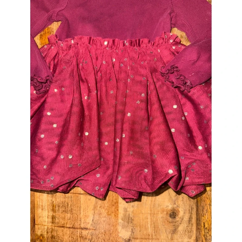 Baby Gap Burgundy Tulle Tutu Dress Silver Polka Dot Long Sleeve 6-12 Months